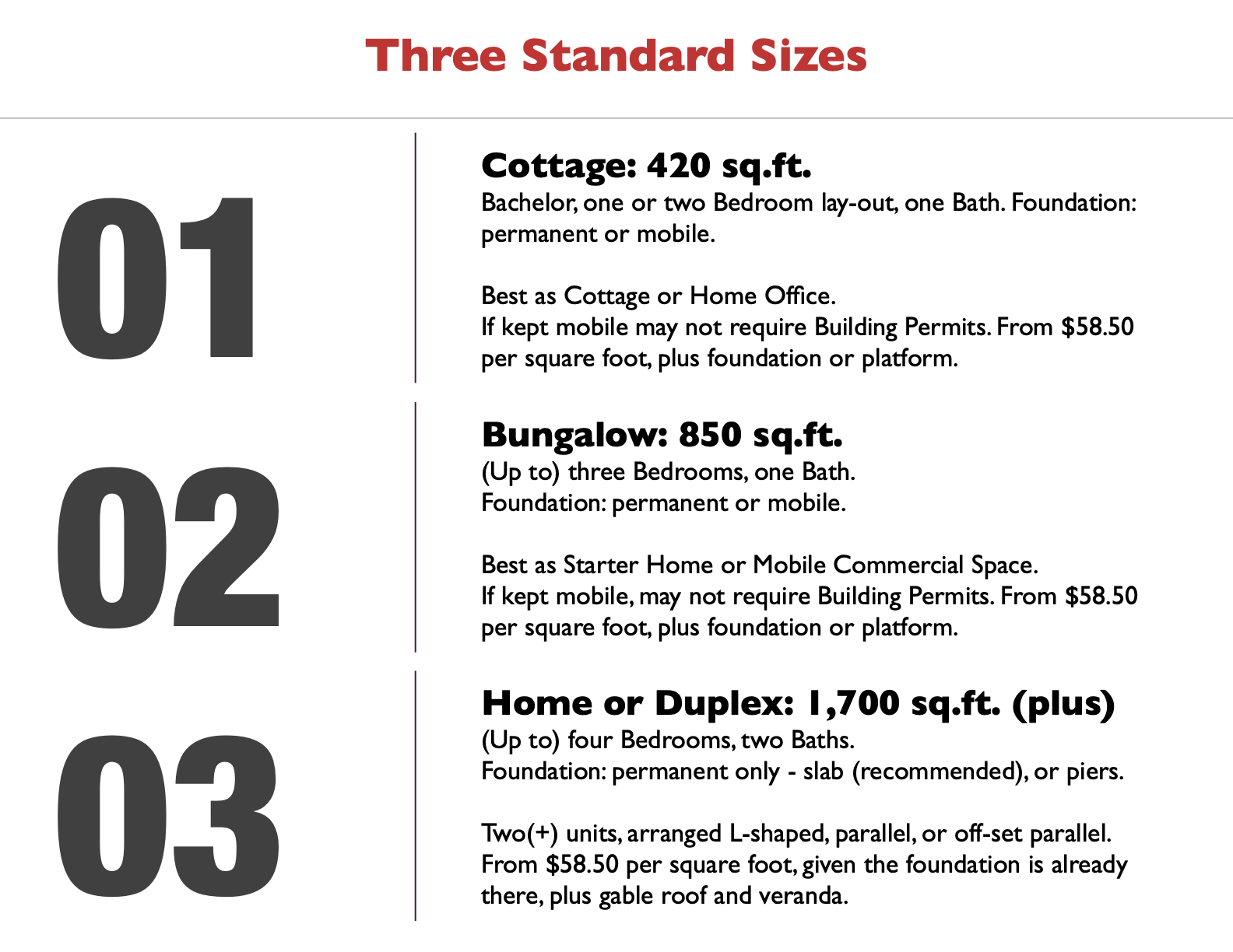 - options: three standard sizes and purposes. Up-size in multiples of 850sq.ft..