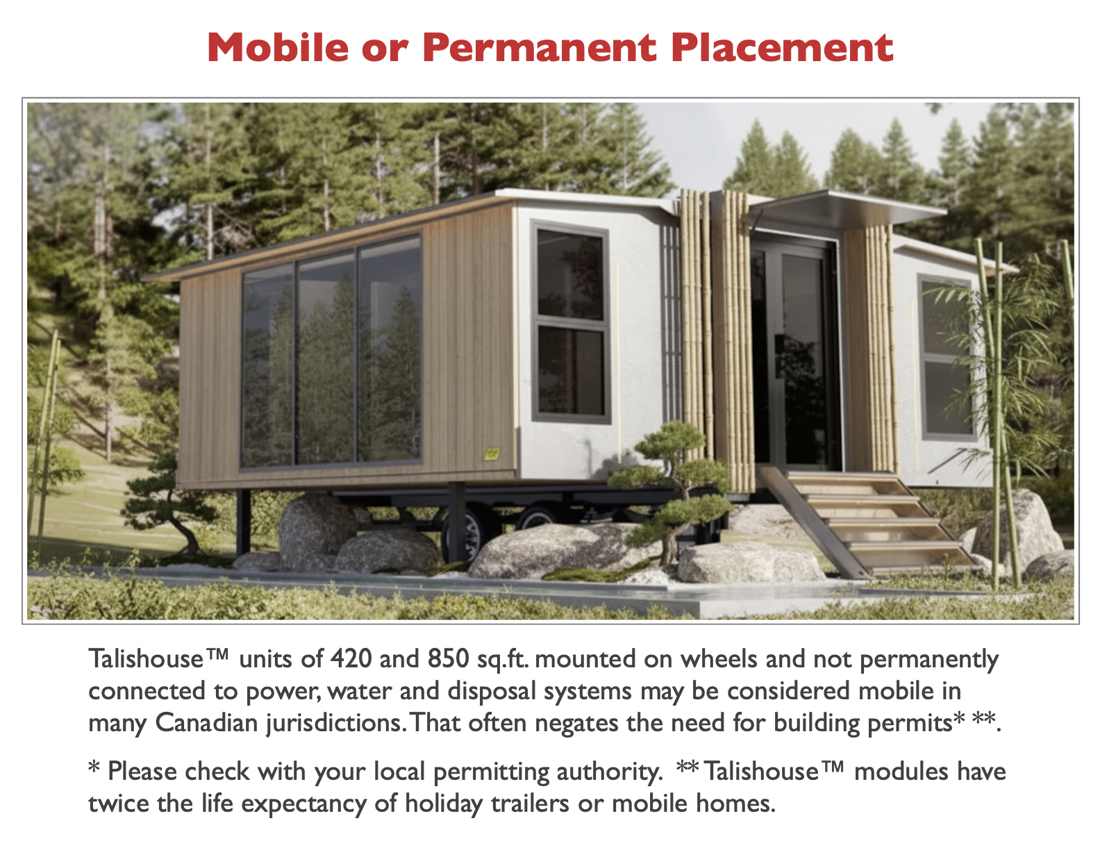 - 420 or 850 sq.ft., mobile or permanent.